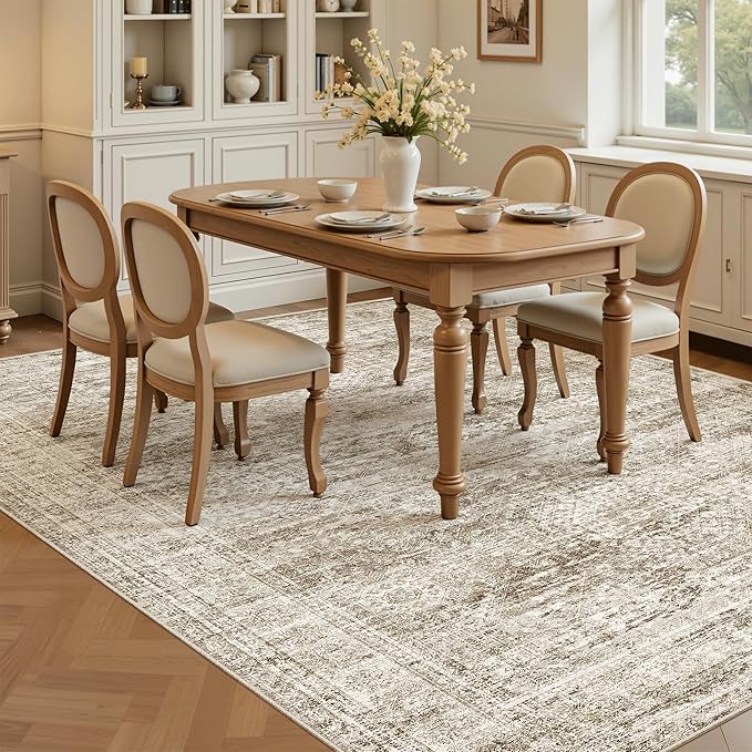 5x8 Area Rugs Brown Low Pile Indoor Washable Trendy Faded Style Rugs for Bedroom Living Room Dining Room Foldable Non-Slip Thin Print Home Office Mat