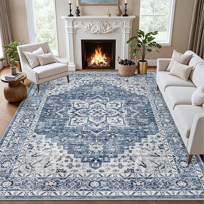 Area Rugs 10x12 Living Room Rug: Washable Rug Soft Vintage Boho Medallion Carpet Indoor Floor Non-Slip Stain Resistant Large Carpets for Bedroom Dining Room Farmhouse Nursery Home Office Blue