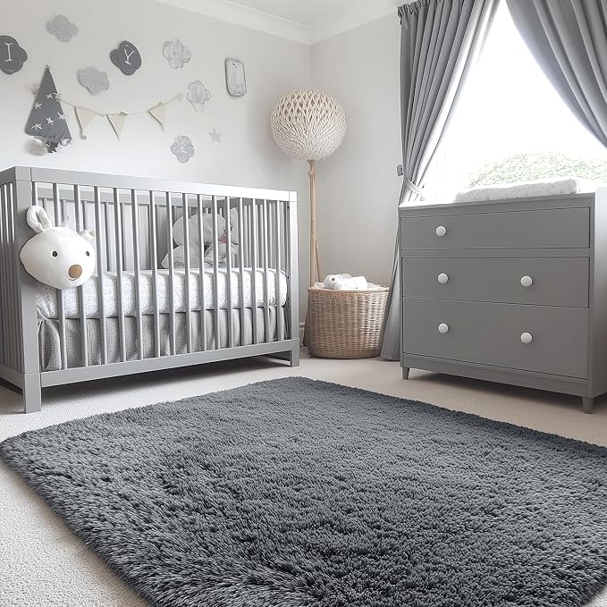 OLANLY 4x5 Machine Washable Accent Rug, Soft Fluffy Shaggy Area Rug for Bedroom, Living Room, Indoor Floor Carpet for Kids, Nursery, Home Decor, Grey