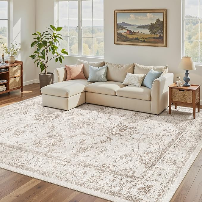 Madane Washable 6x9 Area Rugs for Living Room, Vintage Natural Rug with Non-Slip Backing, Soft Stain Resistant Throw Rugs Thin Carpet for Bedroom Dining Room Farmhouse (6 x 9, Brown/Ivory)