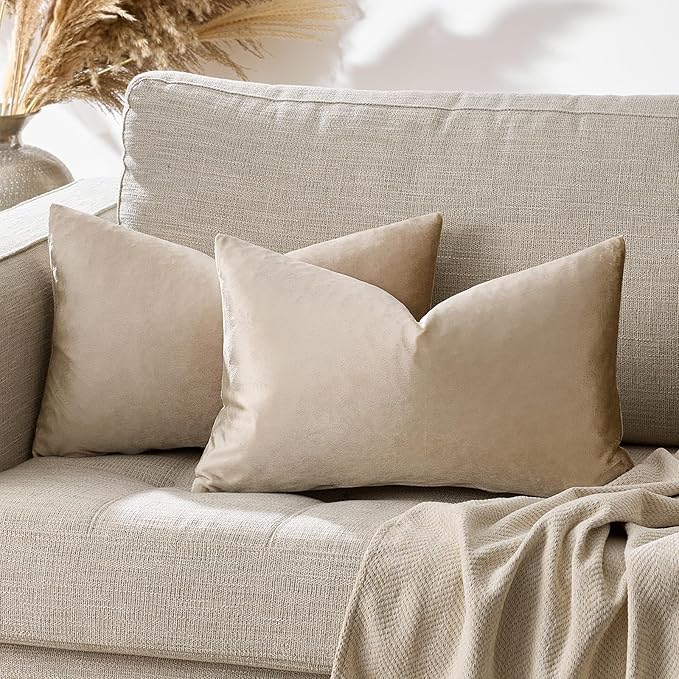 GIGIZAZA Velvet Taupe Decorative Throw Pillow Covers Couch Pillow Lumbar Cushion Cover 12x20 Pack of 2
