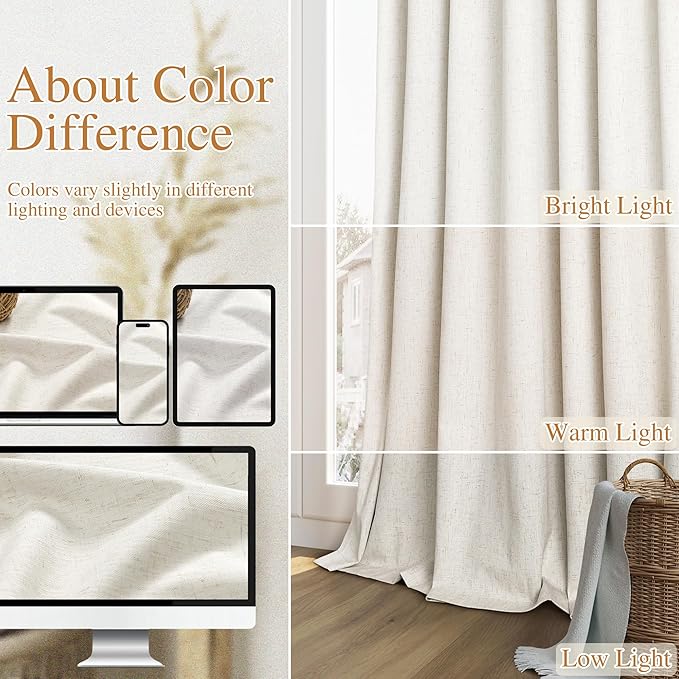 Guken Cream 100% Blackout Curtains 54 Inch Length 2 Panels Set for Living Room Bedroom Back Tab Black Out Linen Drapes Room Darkening Window Curtains 52x54