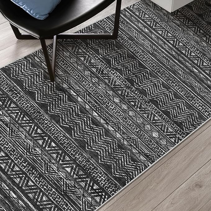3x5 Washable Entryway Area Rug: Modern Moroccan Small Runner Rug Indoor Soft Non Slip Rug for Living Room Low Pile Thin Floor Carpet for Kitchen Dining Room Bedroom Home Office Decor(3x5,Black)