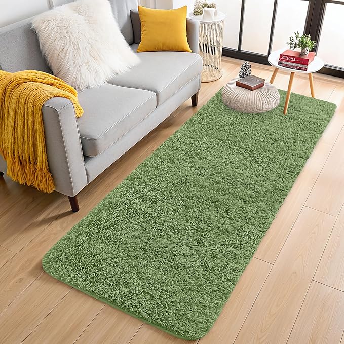 OLANLY 2x5 Machine Washable Runner Rugs for Hallway, Soft Fluffy Shaggy Bedside Rugs for Bedroom, Living Room, Indoor Floor Carpet for Kids Girls and Boys, Home Decor Aesthetic, Green