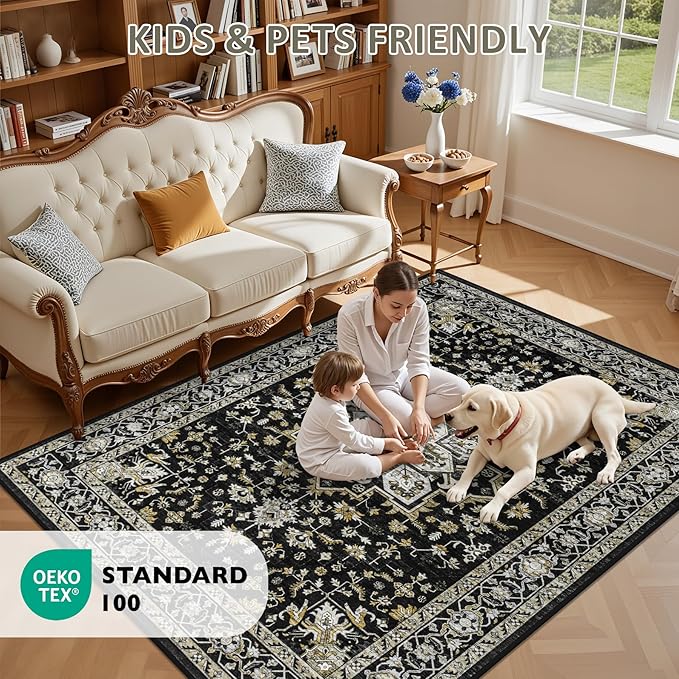 4x6 Area Rugs for Living Room: Washable Rug Soft Vintage Boho Medallion Carpet Indoor Non-Slip Stain Resistant Large Carpets for Bedroom Dining Room Farmhouse Nursery Home Office Black Gold