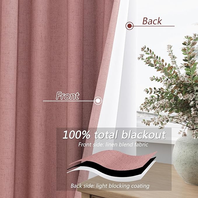 Guken 100% Blackout Curtains 84 Inch Length 2 Panels Set for Living Room Bedroom Back Tab Thermal Insulated Black Out Linen Drapes Room Darkening Window Curtains 84 Inches Long, Ash Rose