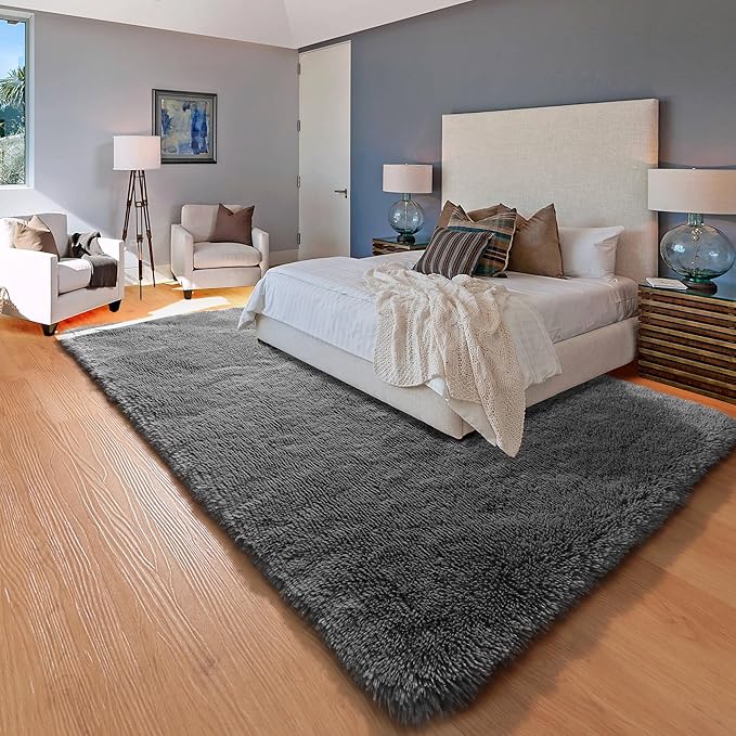 ONASAR Grey Area Rugs for Living Room, 5x8 Gray Fluffy Shag Bedroom Rug, Ultra Soft Plush Shaggy Large Indoor Floor Carpet for Nursery Kids Girls Boys Teen Home Office Decor Aesthetic
