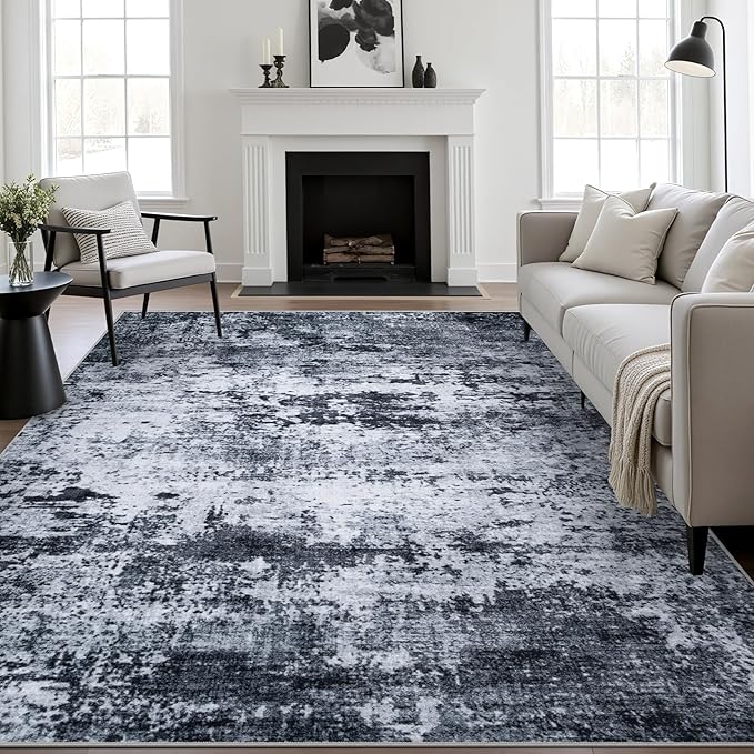 10x12 Area Rug Living Room Rug: Washable Modern Abstract Soft Thin Rug Indoor Floor No Slip Stain Resistant Carpet for Bedroom Dining Room Farmhouse Nursery Home Office - Black