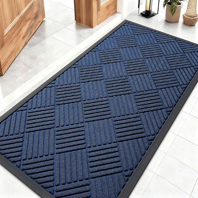 OLANLY Front Door Mat Outside Entrance 47x23, Absorbent, Heavy Duty Sturdy Natural Rubber Doormat Indoor Outdoor, Stain Fade Resistant, Non-Slip Low Profile Floor Mat for Entryway, Navy Blue Diamond