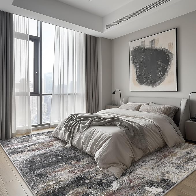 Area Rugs 10x12 for Living Room Bedroom, Modern Abstract Machine Washable Large Dark Gray Rug, Soft Low Pile Floor Carpet with Non Slip Backing for Dining Room