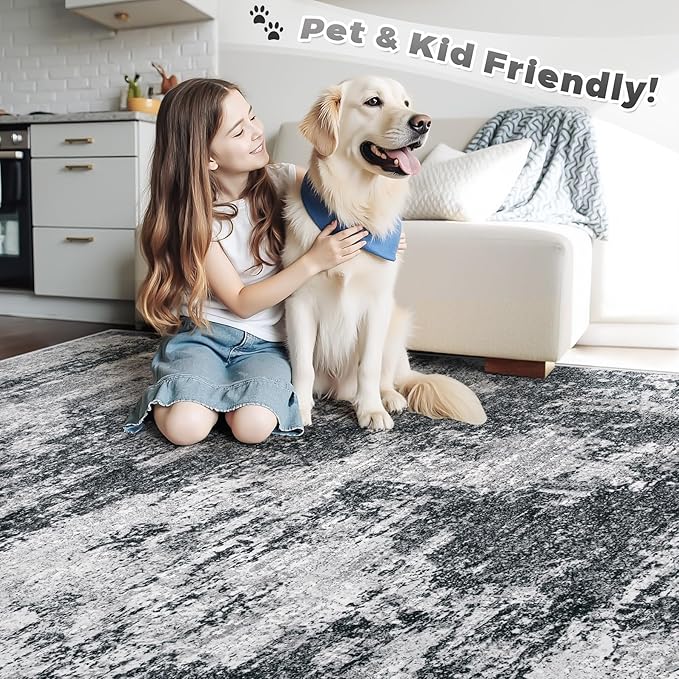 Area Rugs 6x9 for Living Room: Washable Rug Modern Abstract Neutral Soft Non-Slip Low-Pile Indoor Carpet for Bedroom Dining Room Playroom Home Office (Black Grey, 6'x9')