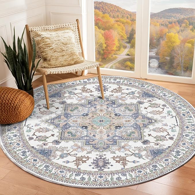 OPPODREAM Soft Round Rug 5ft, Washable Circle Rug 5ft with Non Slip Backing Play Room, Low-Pile Carpet 5 ft, Faux Cashmere Throw Carpet, Purple & Green & Cream