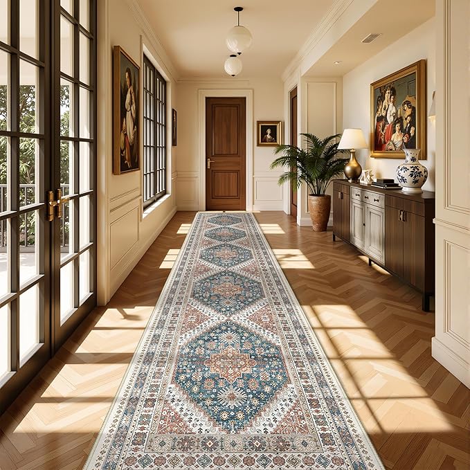 Washable Runner Rug 2.5x14, Non-Slip Long Kitchen Mats for Floor, Vintage Rug for Entryway, Soft Hallway Runner for Dining Room, Bedroom, Living Room(Blue/Red,2.5'x14')