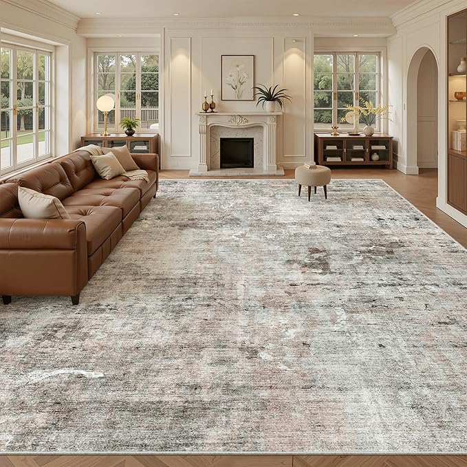 10x14 Area Rugs for Living Room, Non Slip Machine Washable Vintage Rugs, Low Pile Lightweight Large Rug for Bedroom, Dining Room, Home Office Pink/Grey