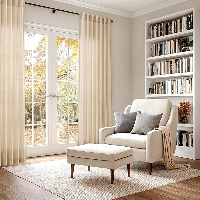Extra Long Curtain 108 Inches Long Set Back Tab Tan Linen Drapes for Living Room Neutral Farmhouse Light Filtering Semi Sheer Linen Curtains 108 Inch Length for Large Window 9 FT, 2 Panels