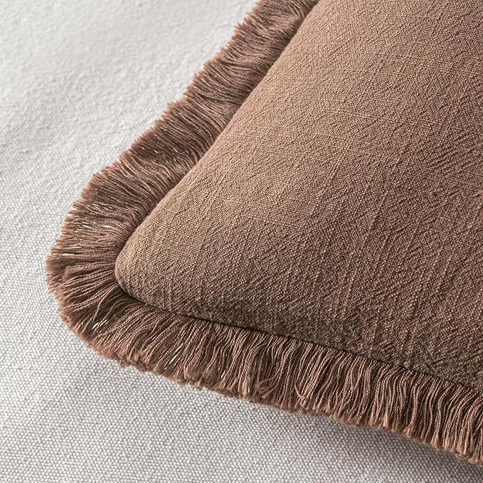 MIULEE Decorative Throw Pillow Covers Neutral Linen Fringe Throw Pillows Set of 2 Dark Coffee Boho Farmhouse Cushion Covers with Tassels for Couch Sofa Bed Living Room Spring Home Decor 20x20 Inch