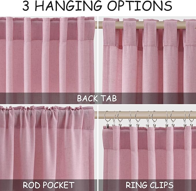 Rose Linen 96 Inch Long Curtains Panels 2 Panel Set with Back Tab Rod Pocket Semi Sheer Light Filtering Boho Aesthetic Style Room Decor Burlap Look Curtain for Bedroom and Living Room 52x96 Inch