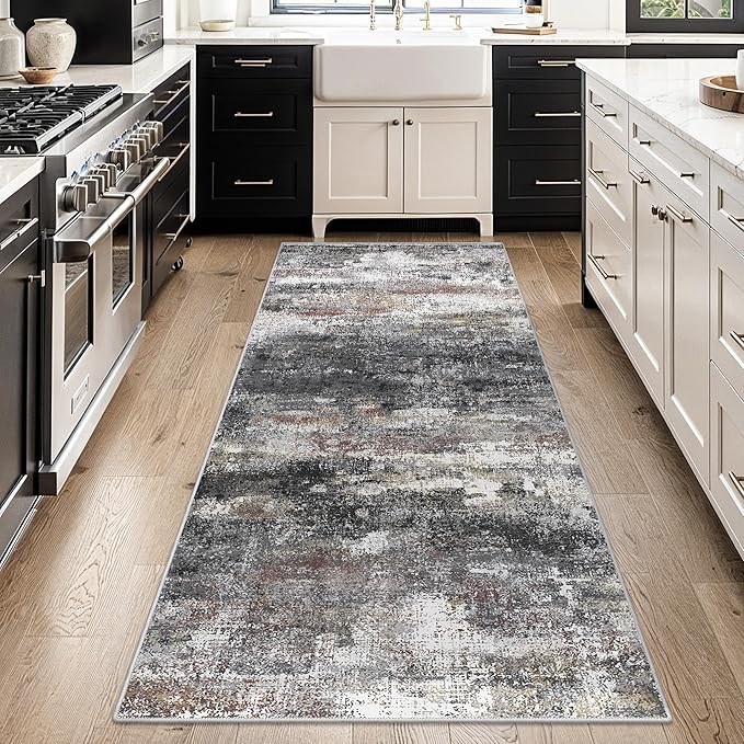Runner Rug for Hallway Kitchen, 2x5 Machine Washable Runners Rug for Entryway, Soft Modern Abstract Throw Rugs, Low Pile Floor Cover with Non Slip Backing, Dark Gray