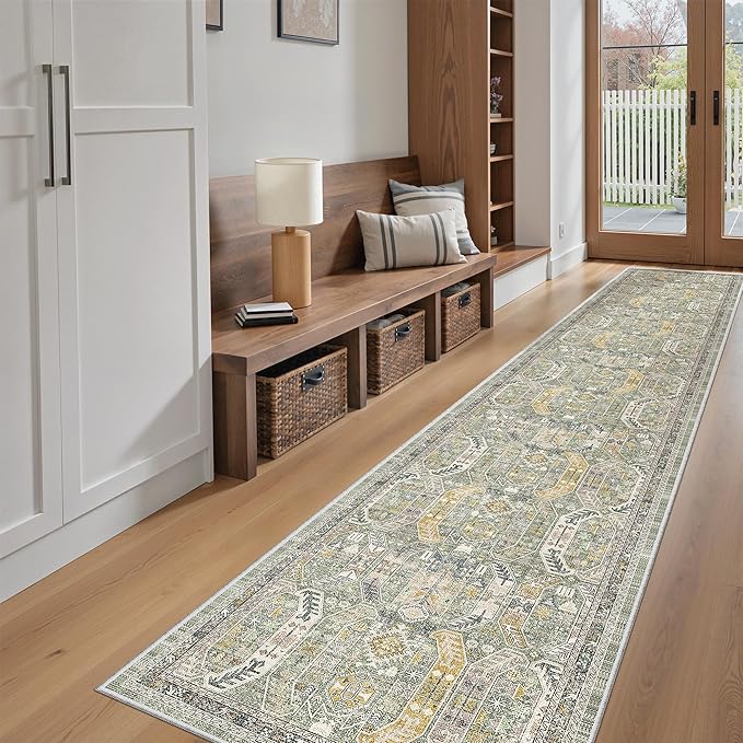 Madane Hallway Runner Rug 2x12, Extra Long Washable Runner Rugs with Rubber Backing, Non Slip Carpet Runner, Vintage Rug Runners for Kitchen Laundry Room Entryway (Green/Gold, 2'x12')