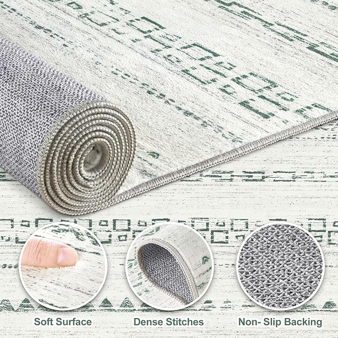Nakagishi Green Rug Living Room 6x9: Washable Boho Large Neutral Farmhouse Soft Area Rugs Modern Stain Resistant Moroccan Indoor Non-Slip Floor Carpet for Bedroom Nursery Playroom Office Dining Room