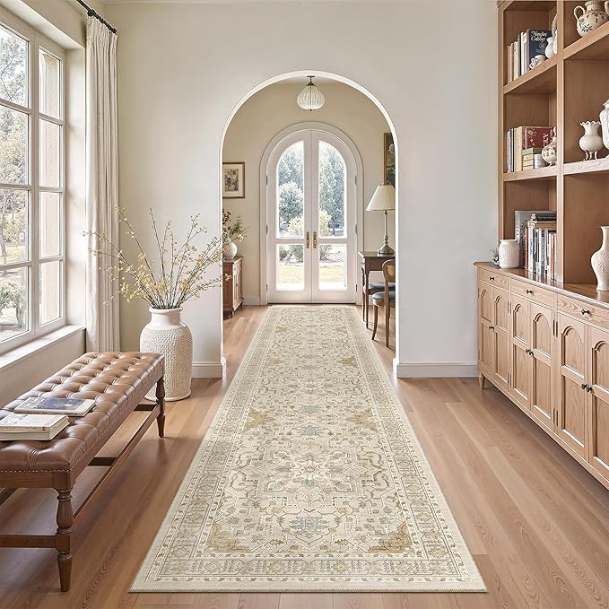 Madane Hallway Runner Rug 2'6''x12', Non Slip Vintage 12ft Runners for Hallways Washable Kitchen Rugs Soft Low Pile 2.5x12 ft Rug Runner for Laundry Room, Entryway and Bedroom, Beige/Blue