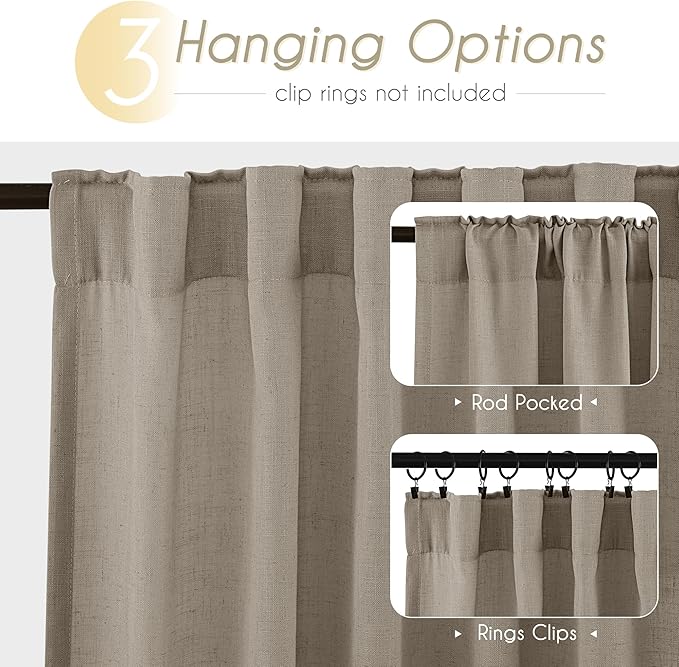 Taupe Linen Curtains 84 inches Long for Living Room Back Tab Rustic Farmhouse Semi Sheer Light Filtering Window Curtain Dining Room Soft Thick Flax Linen Textured Drapes Light Brown