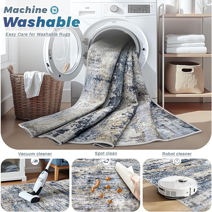 Area Rugs 10x14 Living Room: Washable Rug Modern Abstract Neutral Soft Non-Slip Low-Pile Indoor Large Carpet for Bedroom Dining Room Playroom Home Office (Blue Grey Brown, 10'x14')