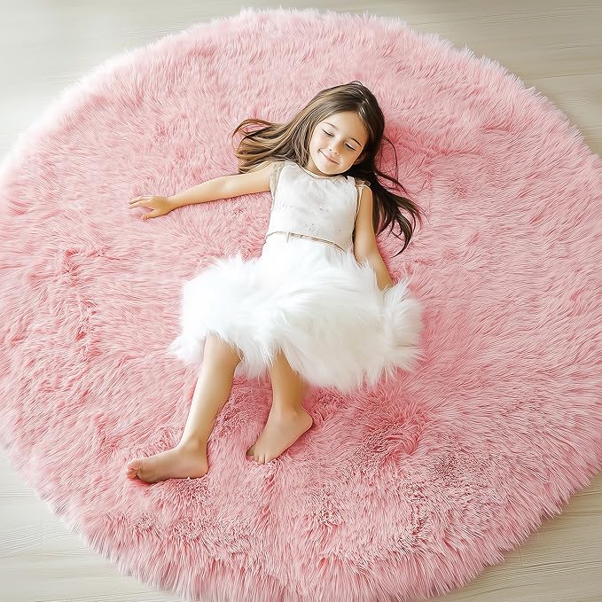ONASAR Light Pink Round Area Rugs 5ft for Bedroom Living Room, Fluffy Circle Rug for Kids Girls Boys Teen, Soft Plush Shaggy Carpet for Nursery Dorm Classroom Playroom Home Decor Aesthetic
