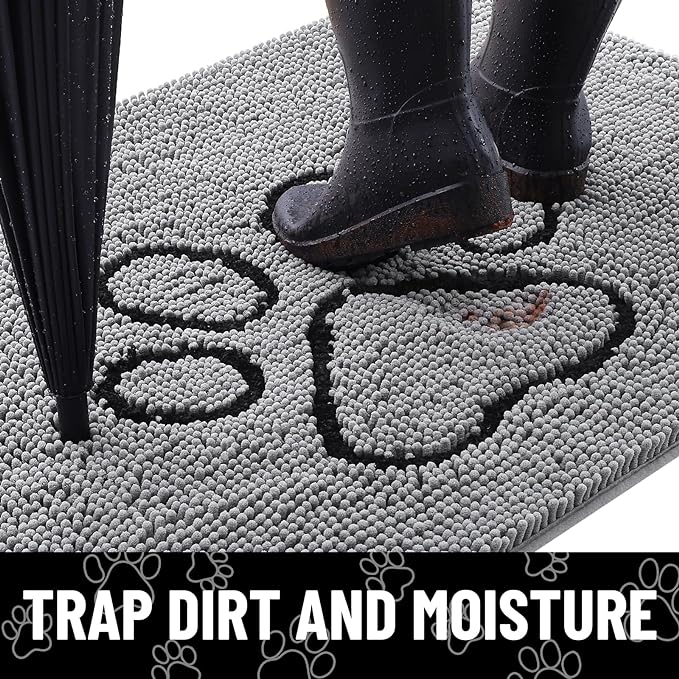 Smiry Dog Door Mat for Muddy Paws, Absorbent Dirt Trapper Non Slip Quick Dry Washable Chenille Mat for Mud Dogs, Entry Rug for Indoor and Outdoor (59x35 Inches, Grey and Black)