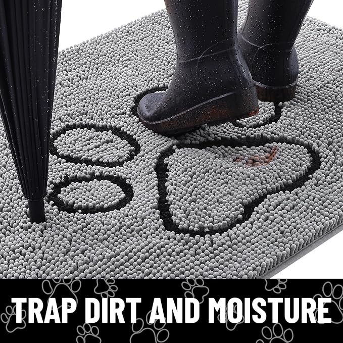 Smiry Dog Door Mat for Muddy Paws, Absorbent Dirt Trapper Non Slip Quick Dry Washable Chenille Mat for Mud Dogs, Entry Rug for Indoor and Outdoor (40x32 Inches, Grey and Black)