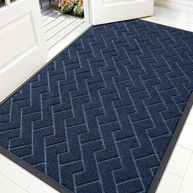 OLANLY Front Door Mat Indoor Outdoor Entrance, Waterproof All-Season, All-Weather Doormat, Sturdy Natural Rubber, Low Profile, Easy Clean Patio Porch Entryway Mat, Herringbone Brick (Blue, 59x35)