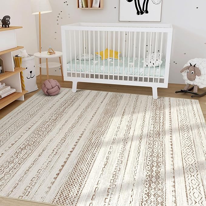 Nakagishi 6x8 Area Rug Living Room: Washable Boho Large Neutral Modern Soft Farmhouse Rugs Stain Resistant Indoor Floor Non-Slip Carpet for Bedroom Nursery Kids Playroom Office Dining Room- Brown