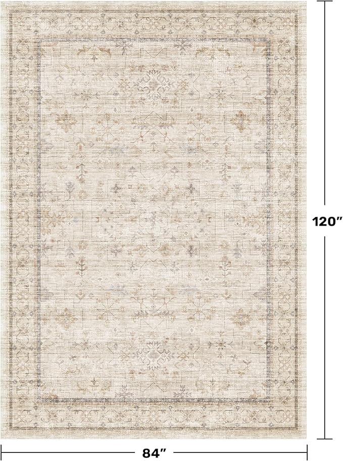 Farmhouse Rugs for Living Room 7x10, Low Pile Soft Retor Foldable Area Rug for Bedroom, Dining Room, Non Slip with Rubber Backing, Light Beige Vintage Home Décor, Geometric Floral Carpet