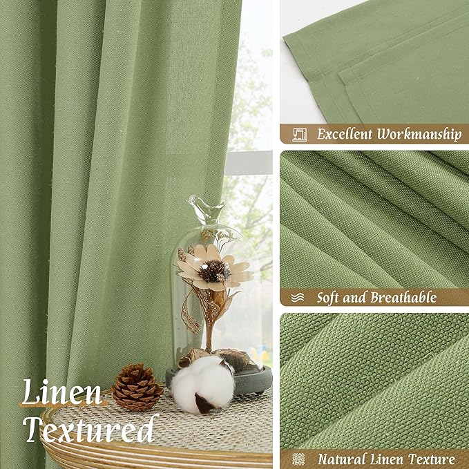 LAMIT Sage Green Linen Curtains 63 inch Length for Bedroom, Faux Linen Light Filtering Window Treatments Neutral Rod Pocket Drapes for Living Room/Farmhouse, 2 Panels Set, 52 x 63 Inch