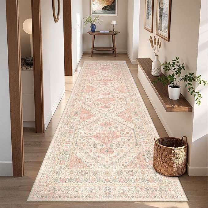Runner Rug 2x8 Runners for Hallways Non Slip Washable, Vintage Hallway Runner Rugs for Living Room, Low Pile Soft Hallway Rug for Kitchen Bedroom Laundry Room Rug(Pink,2'x8')