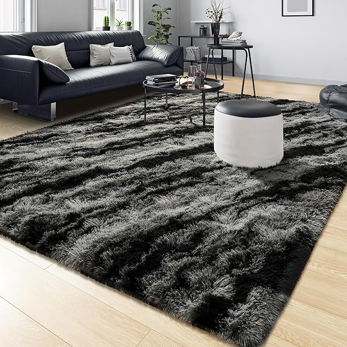 Tepook Fluffy Large Rugs for Living Room, Shag Area Rug 6x9 Soft Carpet for Bedroom, Modern Shaggy Rug for Kids Boys Girls, Plush Indoor Nursery Home Decor Rug with Non-Slip Bottom, Black Grey