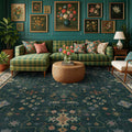 Hazo Haus Dark Green Oushak Living Room Rug 10x12 - Modern Vintage Boho Eclectic Floral Pastel, Washable Low Pile Non-Slip Extra Large Area Rugs for Dining Under Table Bedroom Lounge
