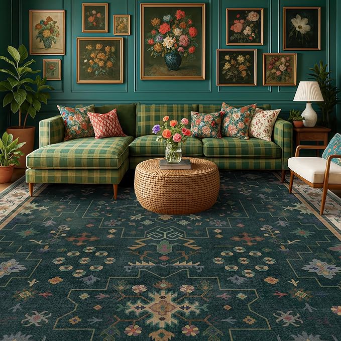 Hazo Haus Dark Green Oushak Living Room Rug 10x12 - Modern Vintage Boho Eclectic Floral Pastel, Washable Low Pile Non-Slip Extra Large Area Rugs for Dining Under Table Bedroom Lounge