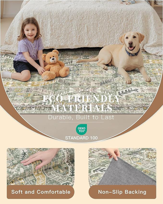Madane Runner Rugs for Hallway 2x10 Long Washable Non-Slip Hallway Runner Rug Low-Pile Stair Kitchen Runner Soft Throw Carpet for Entrance Living Dining Laundry Room (Green/Gold, 2 x 10)