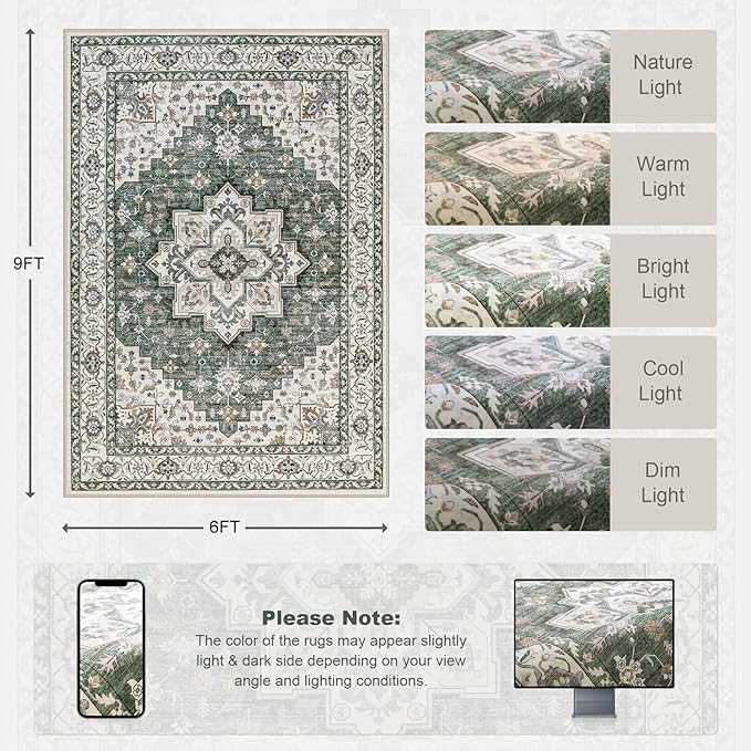 6x9 Area Rugs Living Room Rug: Washable Vintage Boho Medallion Rug No Slip Stain Resistant Soft Carpet Indoor Large Carpets for Bedroom Dining Room Farmhouse Nursery Hallway Home Office Green Ivory