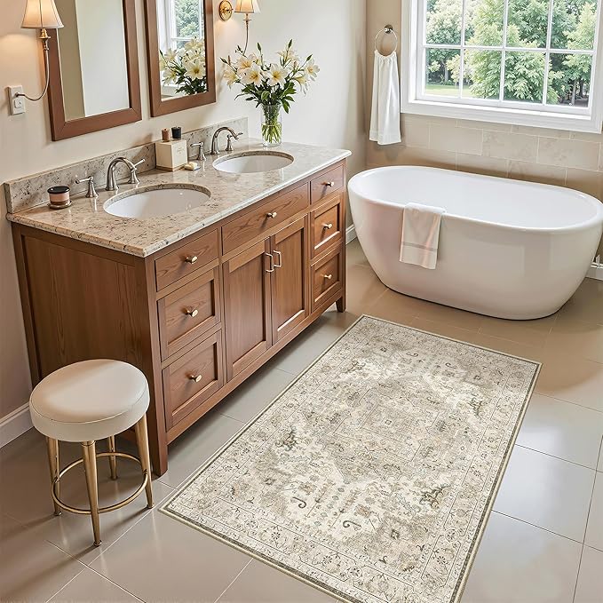 Madane Washable Area Rug 2x3, Small Entryway Rug Non-Slip Vintage Door Mat Indoor Entrance, Low Pile Floor Carpet for Inside Front Door Bedroom Kitchen Entry Laundry (2'x3', Ivory/Brown)
