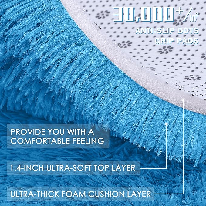 OLANLY 2x3 Machine Washable Small Bedside Rug, Soft Fluffy Shaggy Entryway Throw Rugs for Bedroom, Living Room, Indoor Floor Carpet for Kids Girls and Boys, Home Decor Aesthetic, Bright Blue