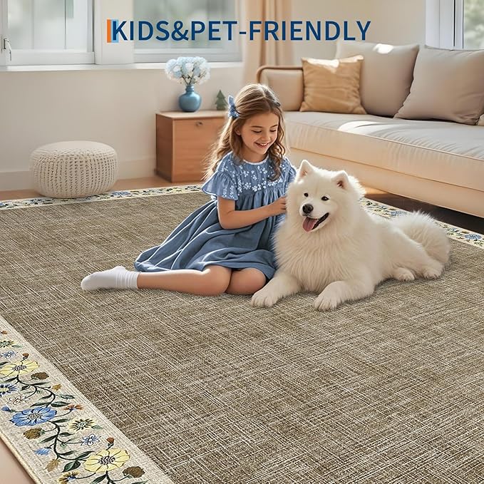 GarveeHome 4x6 Area Rugs for Bedroom Living Room Machine Washable Rugs Floral Bordered Small Carpet Non-Slip Stain Resistant Accent Carpet for Dining Room Table Apartment Office, Dark Camel