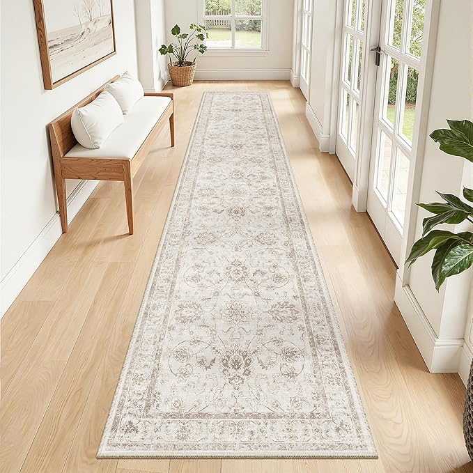 Madane Runner Rug 2x10 for Hallway, Kitchen Non-Slip Runner Rug with Rubber Backing, Vintage Soft Low Pile Throw Neutral Carpet Runner for Laundry Room Entryway Bathroom Bedroom (2 x 10, Brown/Ivory)