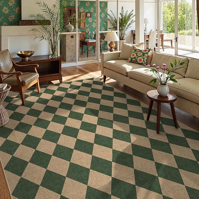 Lahome Colette Checkered Washable Rugs 8x10, Easy Jute Rug for Living Room Patio, Farmhouse Neutral Indoor Outdoor Carpet Non Slip Non Shedding Floor Carpet for Office Deck Backyard