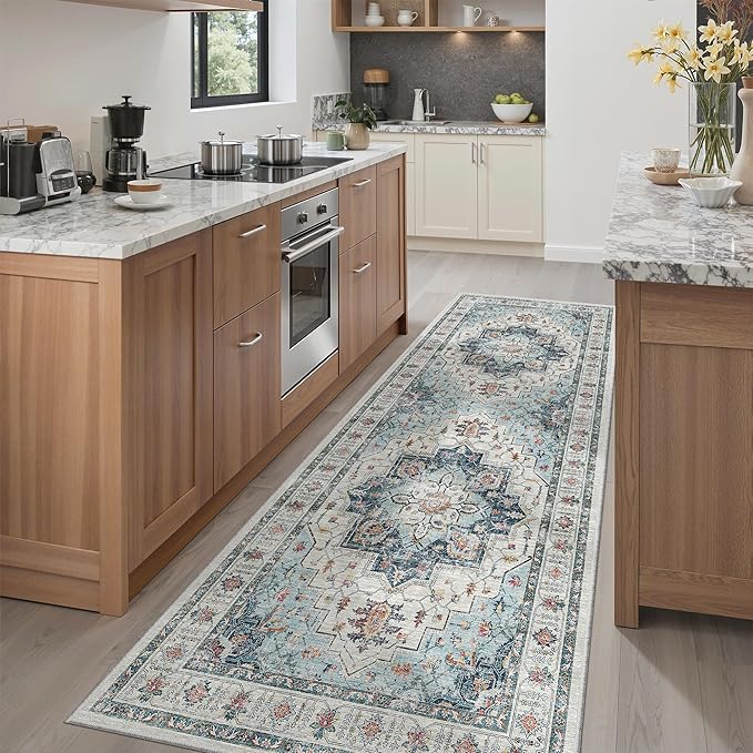 Madane Hallway Runner 3x8, Kitchen Rugs Washable Entryway Rug Vintage Kitchen Runners Non Slip Indoor Area Rug Farmhouse Carpet Runner for Bathroom Living Room Bedroom (3 X 8, Blue)