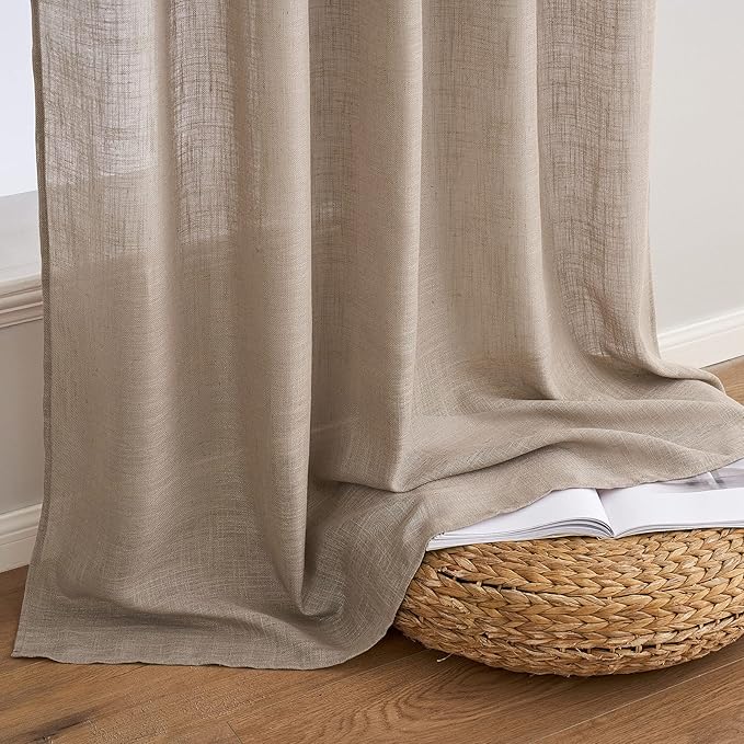 MIULEE Taupe Linen Curtains 63 Inch Length 2 Panels for Bedroom Living Room, Soft Thick Linen Textured Kitchen Window Drapes Semi Sheer Light Filtering Back Tab Rod Pocket Burlap Look Decor