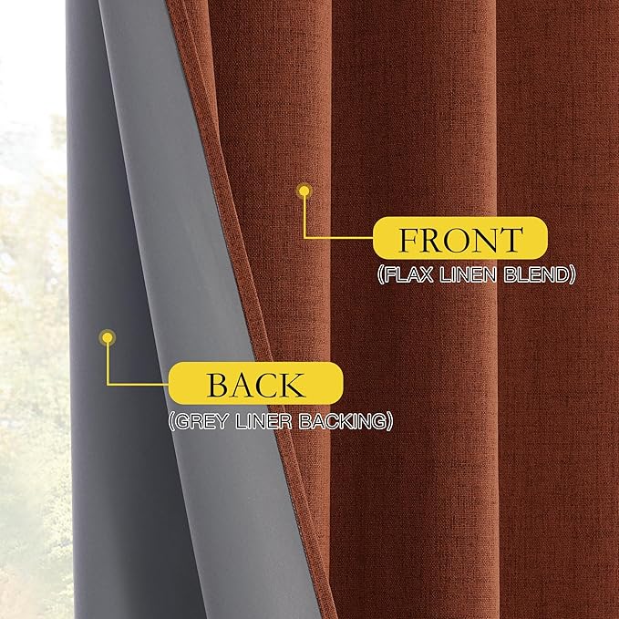 NICETOWN 100% Absolutely Blackout Linen Curtains with Thermal Insulated Liner, 62" Wide, 2 Panels, 95" Long Drapes, Grommet Retro Burnt Orange Linen Curtains Vertical Drapes Privacy for Bedroom