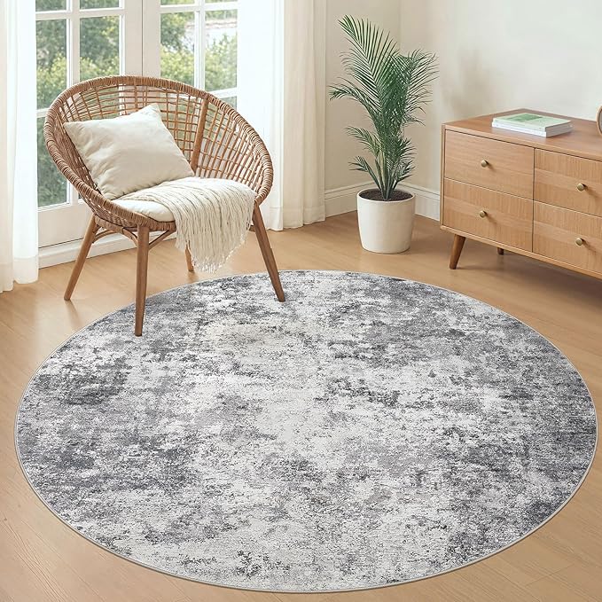 UERMEI 5ft Round Area Rug Living Room Rugs - 5x5 Washable Neutral Modern Abstract Soft Thin Rug Indoor Floor No Slip Rug Carpet for Bedroom Under Dining Table Home Office Decor - Grey