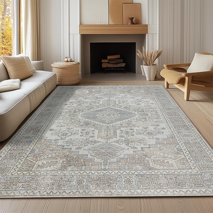 Machine Washable Rugs 8x10 Area Rugs for Living Room,Ultra Soft Low Pile Retro Rugs for Bedroom,Dining Room,Large Non Slip Carpet Vintage Distressed Accent Rug for Farmhouse Office Home Decor